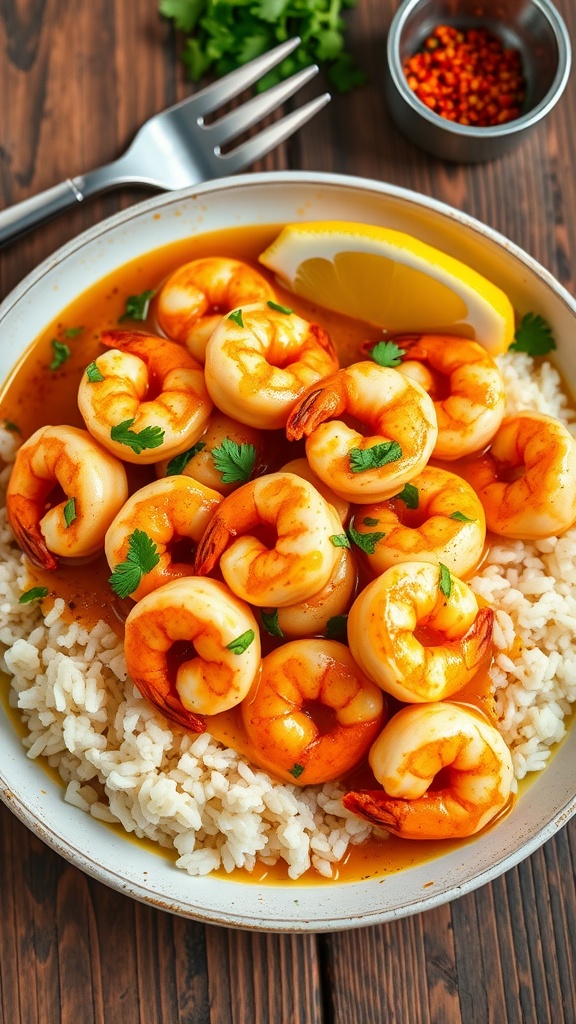 A delicious plate of spicy garlic shrimp over rice, garnished with parsley and lemon, on a wooden table.